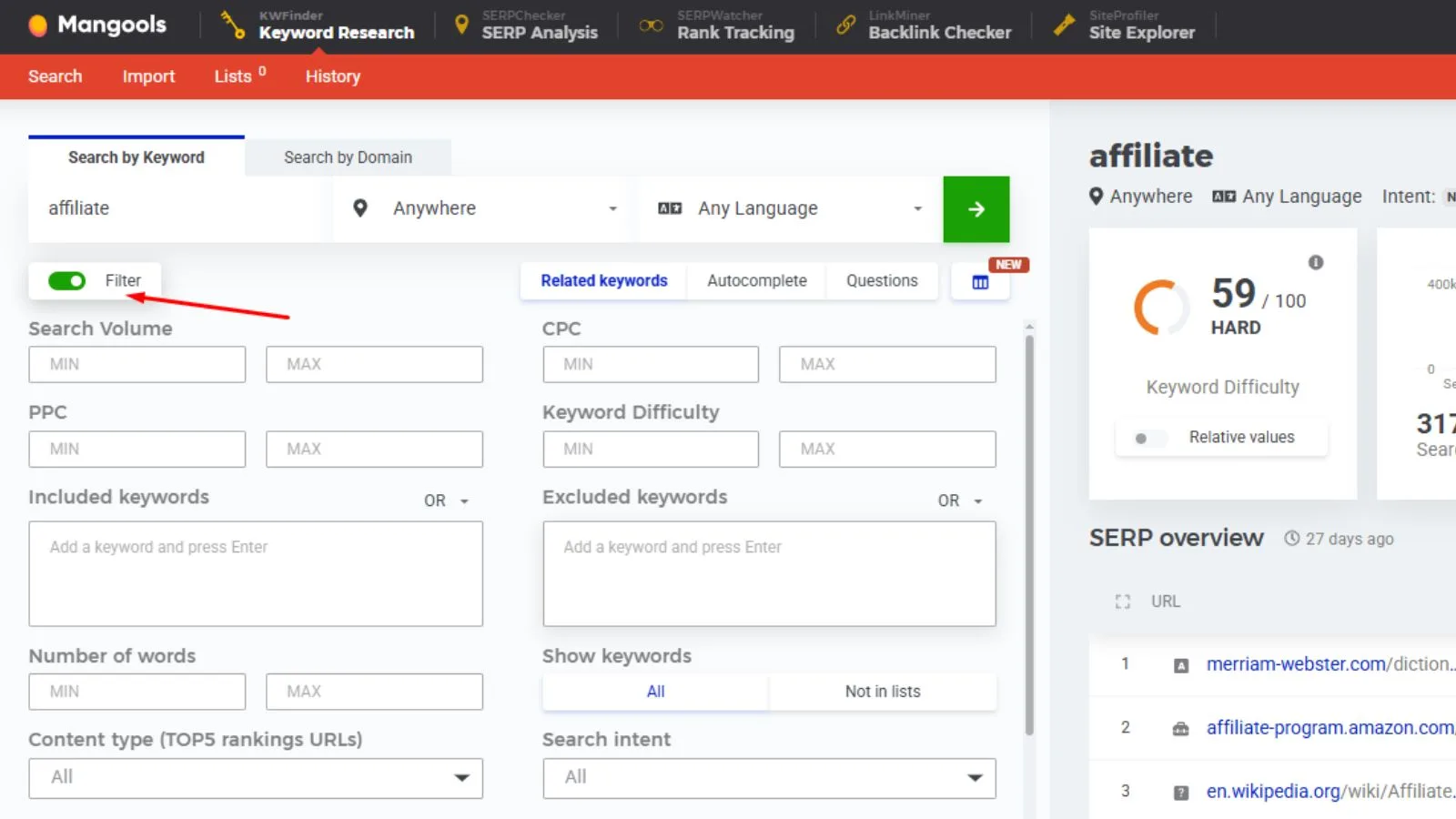 KWfinder-Advanced-search-feature